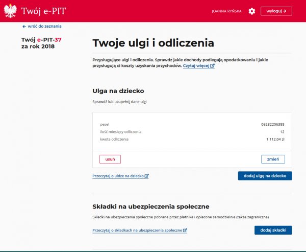 Portal Podatkowy Twój e-PIT ulgi i odliczenia ekran początkowy