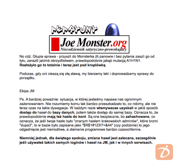 Joe Monster - informacja o włamaniu