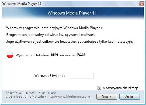 Windows Media Player - zachęta do wysłania Premium SMS-a
