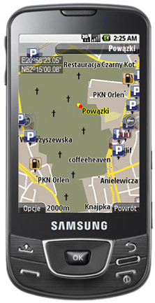 Mapa Powązek w telefonie z oznaczeniem parkingów położonych najbliżej cmentarza