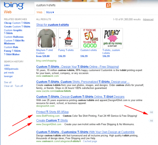 Reklamy w wynikach wyszukiwania Bing