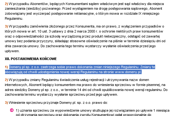 Niedozwolony zapis w regulaminie Domeny.pl (zrzut wykonany w dniu dzisiejszym)