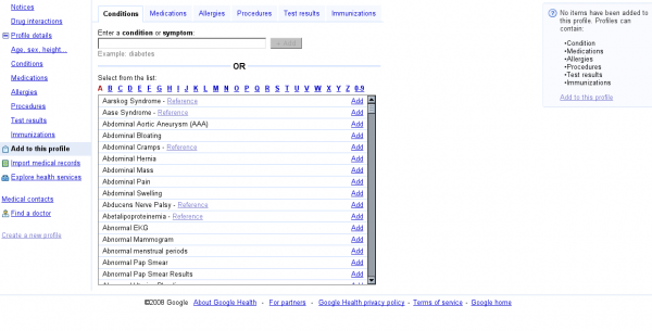Usługa Google Health - dodawanie chor&oacute;b