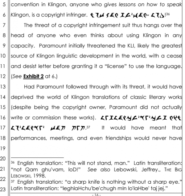 Klingoński - dokument przesłany do sądu