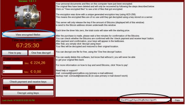 Zrzut ekranu komputera zainfekowanego szkodliwym oprogramowaniem CoinVault
