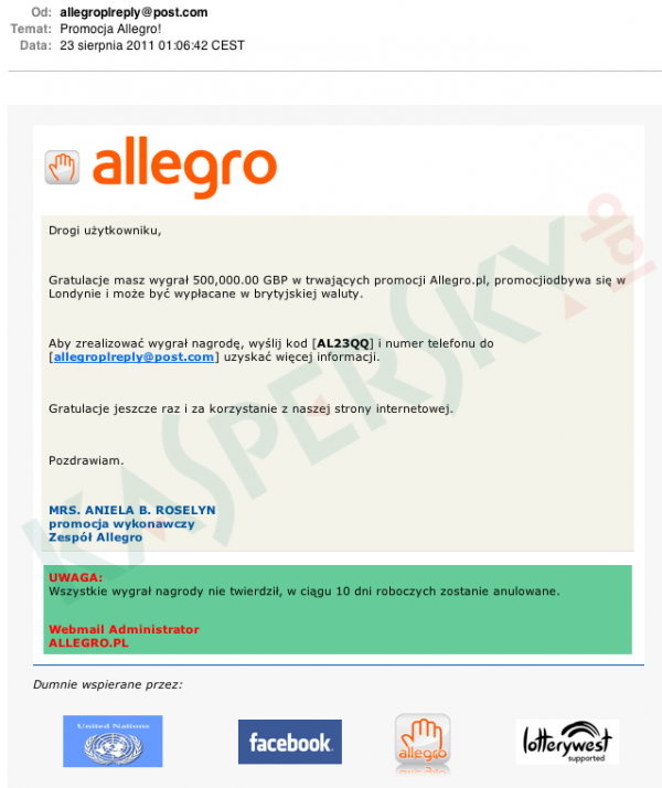 Fałszywa wiadomość do użytkowników Allegro