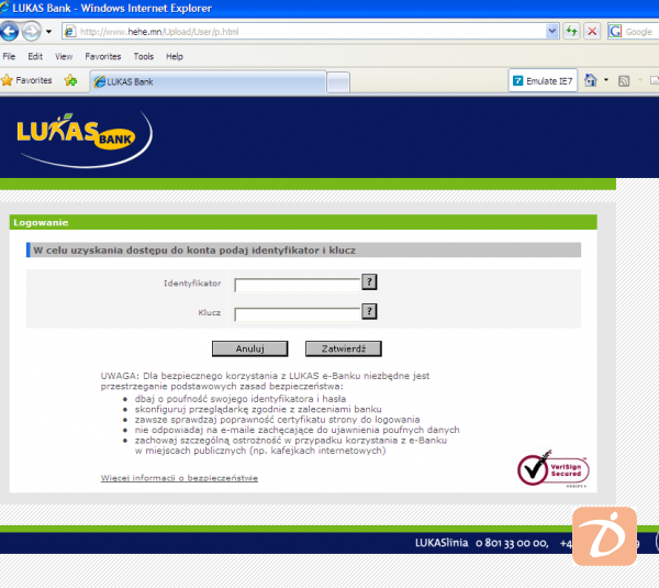 Fałszywa strona LUKAS Banku - Internet Explorer