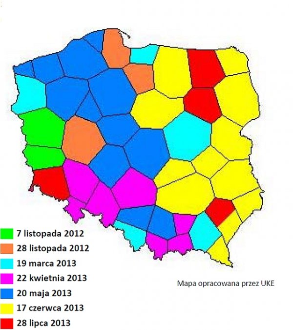 Terminy wyłączeń telewizji analogowej w poszczególnych regionach Polski: