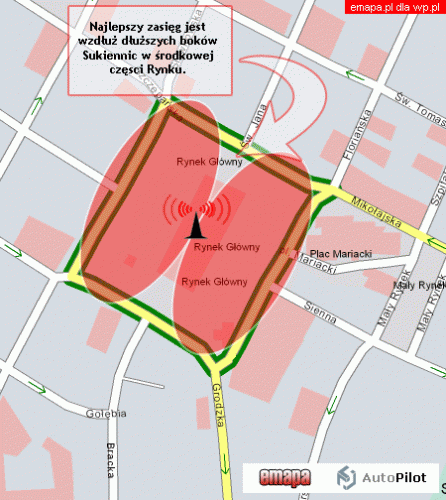 Mapa zasięgu Strefy Darmowego Internetu WP w Krakowie