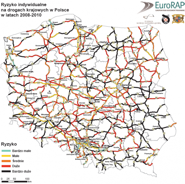 Mapa ryzyka indywidualnego na drogach krajowych w Polsce w latach 2008-2010