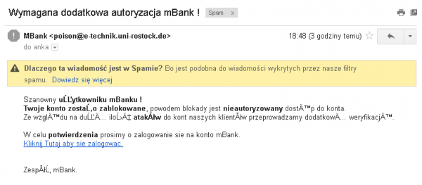 Phishingowy e-mail do użytkowników mBanku