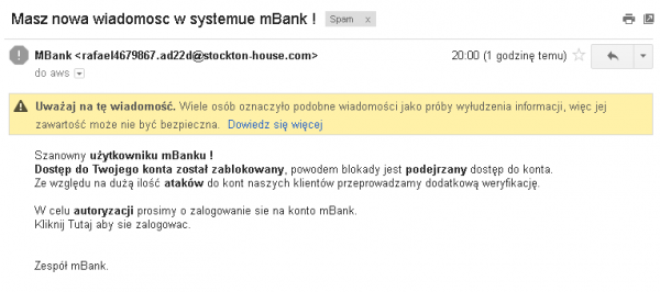 Phishingowy e-mail do użytkowników mBanku