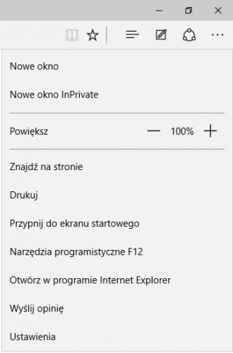 Microsoft Edge - górne menu
