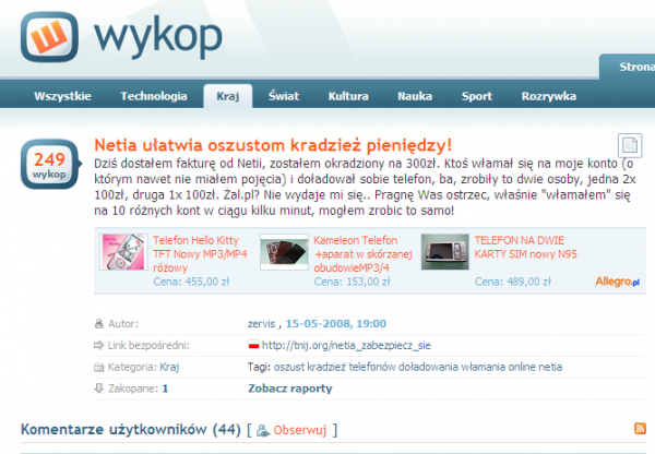 Opis sprawy z internetowymi kontami Netii na Wykop.pl