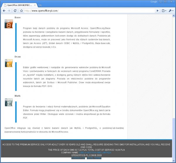 Stopka strony oferującej OpenOffice.org za Premium SMS-a