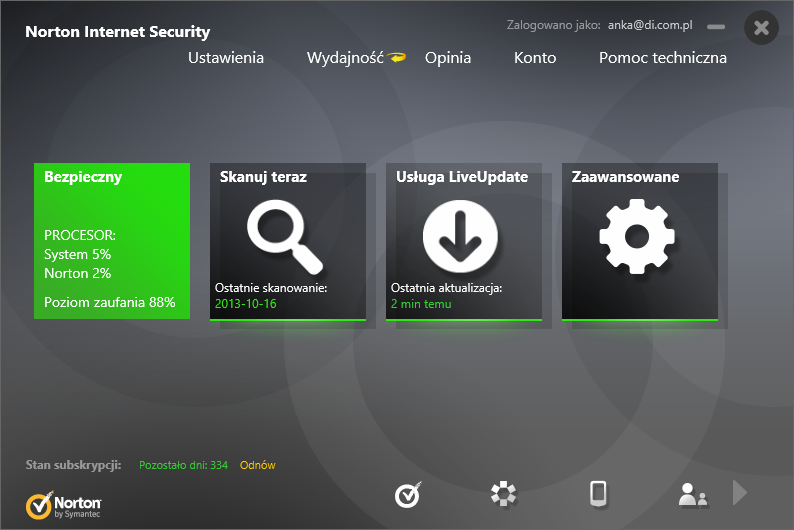 Norton Internet Security 2014 - główne okno programu