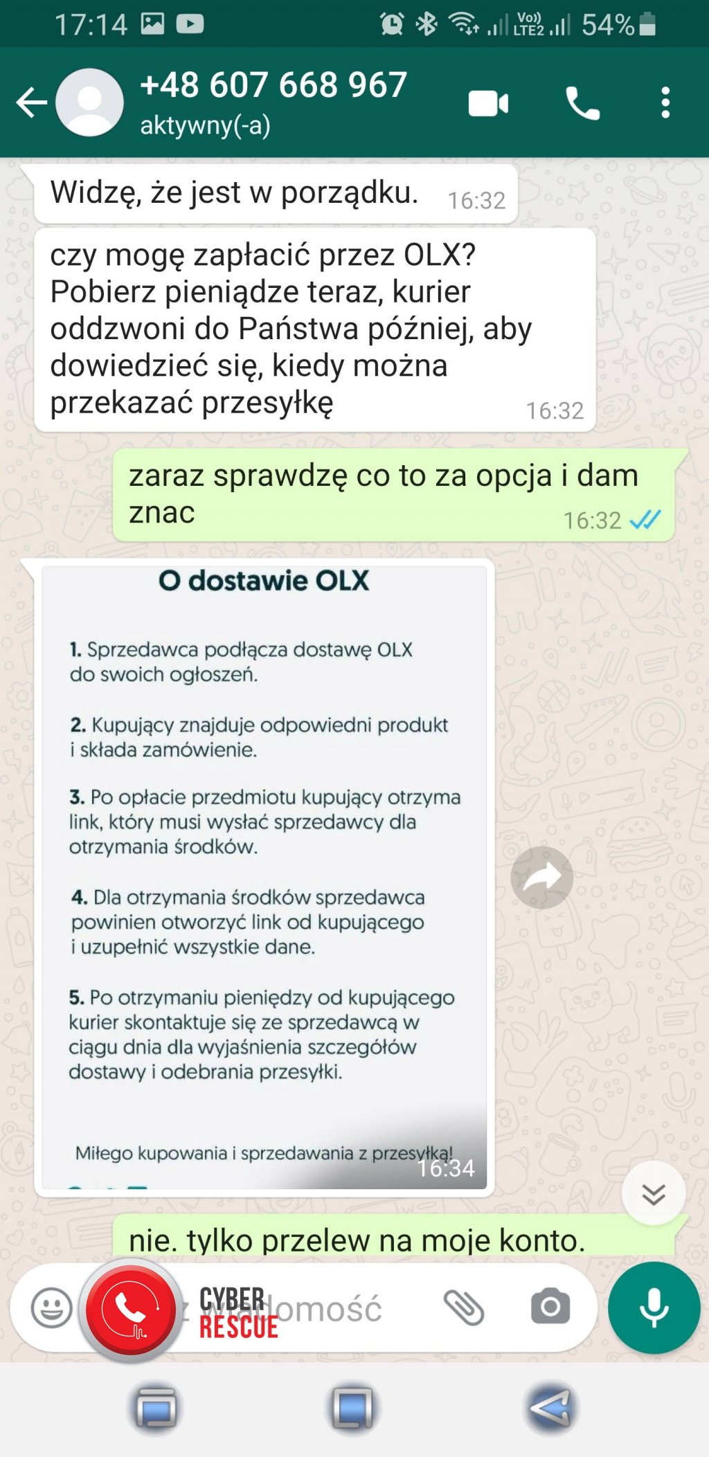 WhatsApp OLX oszustwo