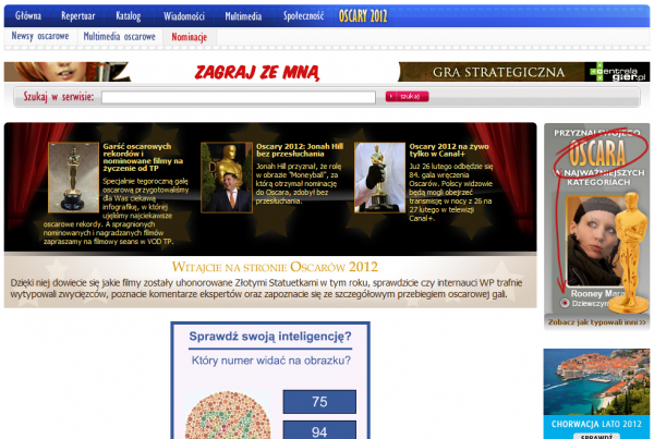 Oscary 2012 w internecie - serwis Wirtualnej Polski