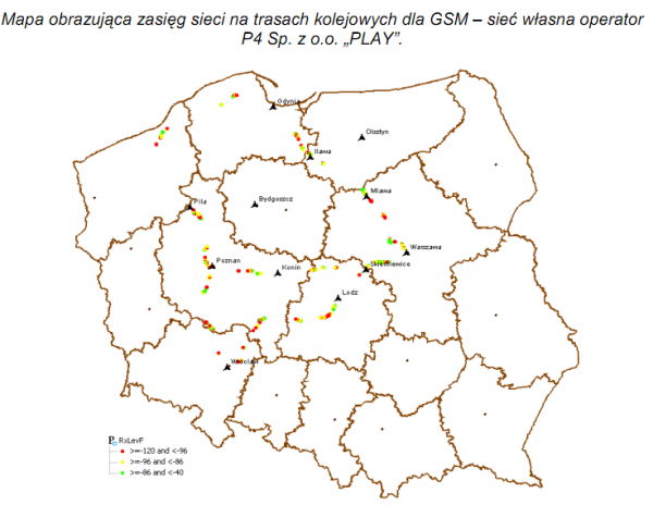 Mapa obrazująca zasięg sieci na trasach kolejowych dla GSM sieci Play