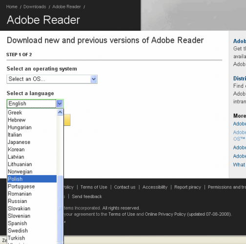 Wybór wersji instalacyjnej Adobe Readera