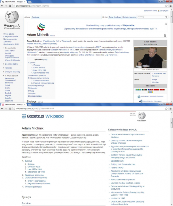 Porównanie artykułów: u góry w Wikipedii, u dołu w serwisie Agory