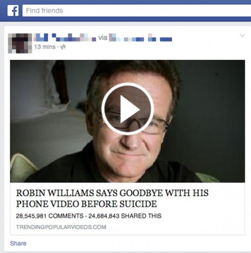 Pożegnanie Robina Williamsa przed popełnieniem samobójstwa- link na facebooku kierujący do rzekomego materiału wideo