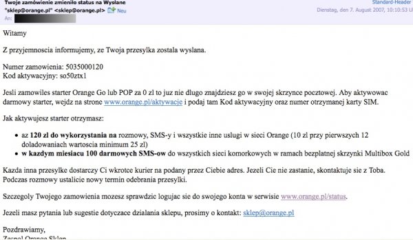 mail informujący o wysyłce zamówienia w Orange z sierpnia 2007