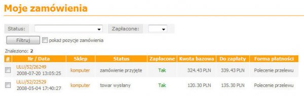 status transakcji w sklepie Ulubiony.pl - jedna z nich została zakończona pozytywnie
