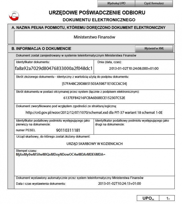 Wzór prawidłowego formularza UPO - dokument wyświetlony w PDF