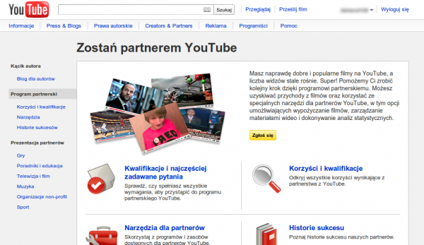 Strona programu partnerskiego YouTube
