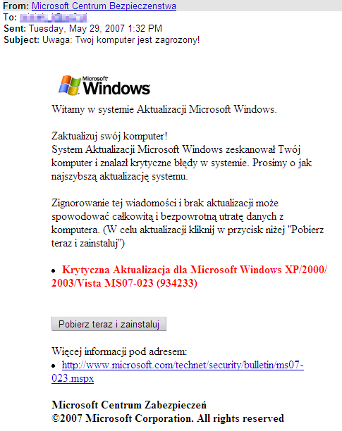 fałszywa aktualizacja Windows przez e-mail