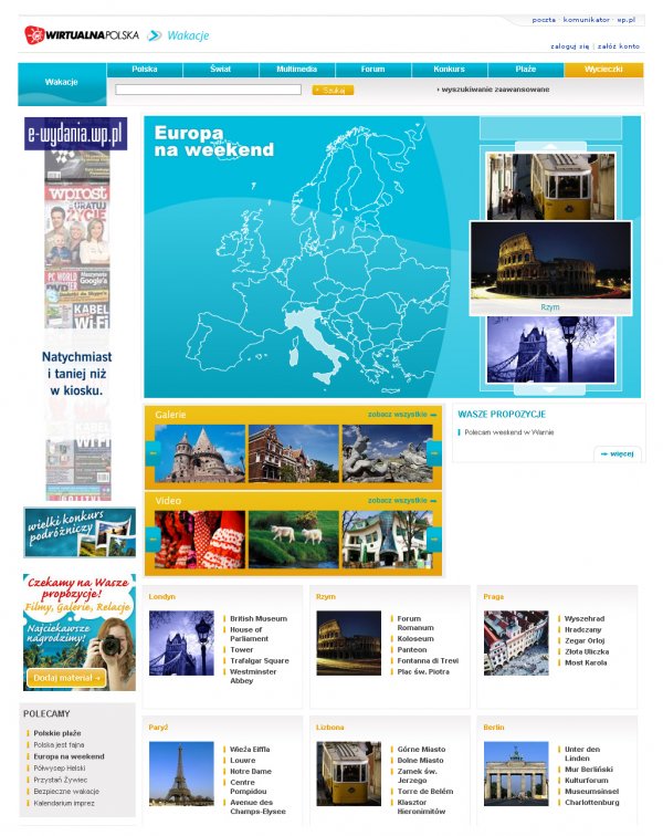 Zakładka "Europa na weekend" w serwisie wakacje.wp.pl