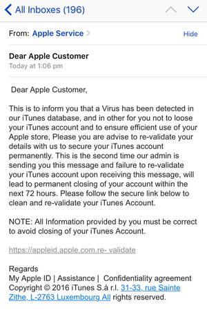 Fałszywy mail z informacją o rzekomym zainfekowaniu iTunes wirusem