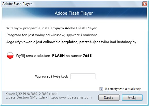 Flash Player - zachęta do wysłania Premium SMS-a