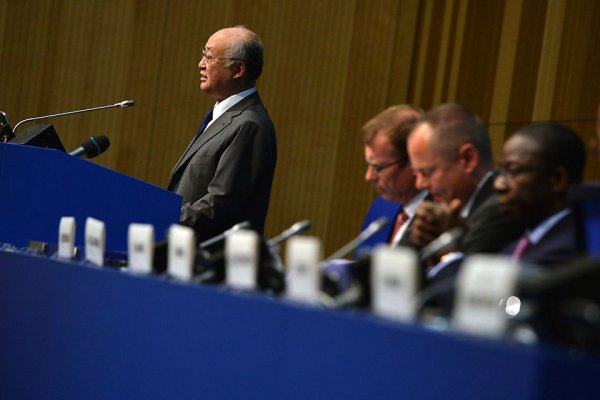 Yukiya Amano - dyrektor generalny Międzynarodowej Agencji Energii Atomowej podczas mowy inauguracyjnej w Wiedniu