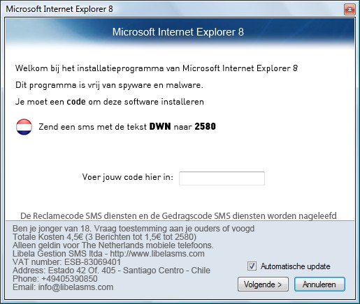 Internet Explorer - zachęta do wysłania Premium SMS-a