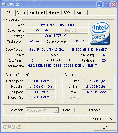 Intel Core 2 Duo E8600 @ 6146,9 MHz