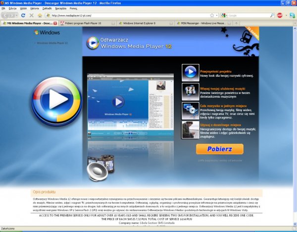 Zrzut ekranu strony oferującej Windows Media Playera za Premium SMS-a