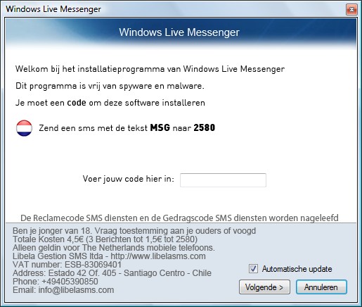 Windows Live Messenger - zachęta do wysłania Premium SMS-a