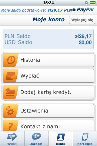 Aplikacja mobilna PayPal - widok konta