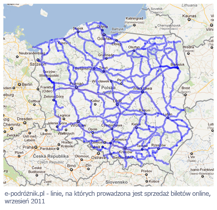 Mapa Polski z trasami, na których można kupić bilety online