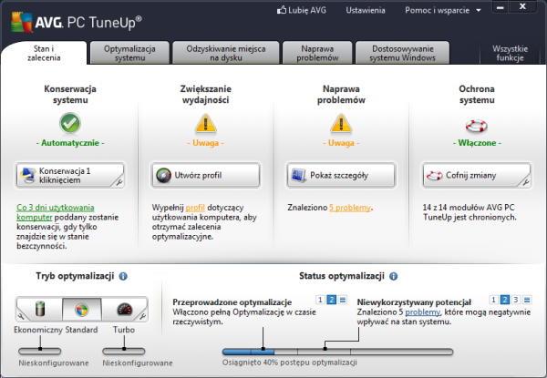 AVG PC TuneUp - interfejs użytkownika