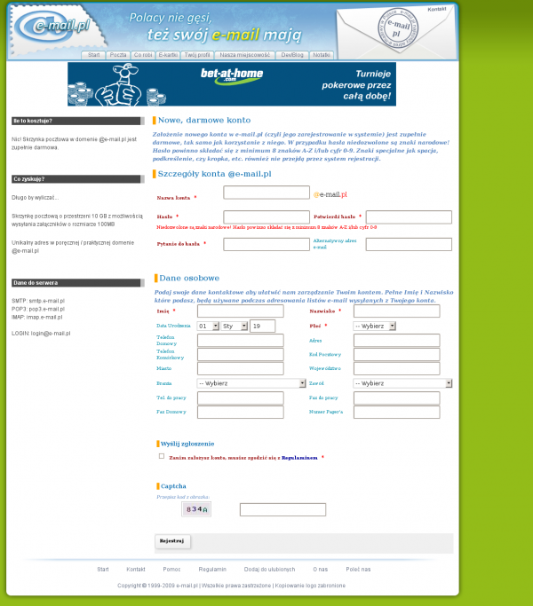 E-Mail.pl - formularz rejestracji