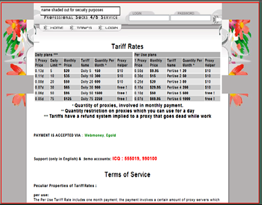 Screen strony internetowej, za pośrednictwem której sprzedawane są botnety
