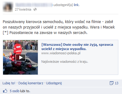 Scam na Facebooku informujący o tragicznym wypadku