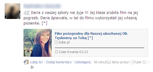 Scam na Facebooku informujący o śmierci uczennicy