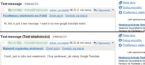 Tłumaczenie w Gmail (wiadomosć tłumaczona i przetłumaczona) 