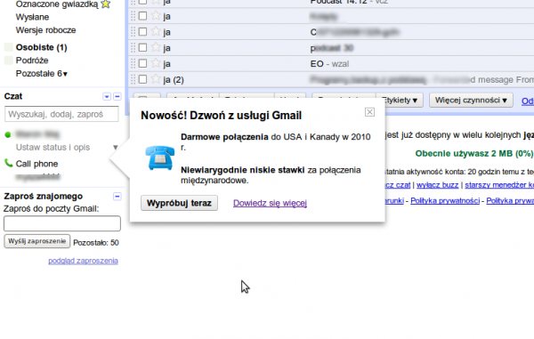 Zachęta do dzwonienia w polskiej wersji Gmail