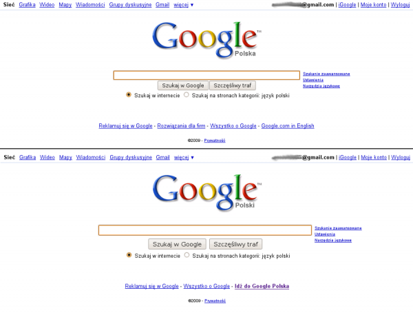 Google przed zmianą i po zmianie