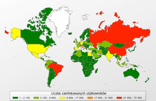 Mapa przedstawiająca poziom infekcji trojanami bankowymi w poszczególnych krajach